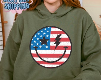 Retro American Flag Smiley Sweatshirt, Star Lightning Sweater, USA T Shirt,Independence Day Celebration,Patriotic USA Tee,4th of July Hoodie