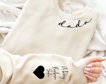 Custom Dada Sweatshirt with Kid Name on Sleeve, Personalized Mom Sweatshirt, Minimalist Momma Sweater, Mothers Day Gift, Gift for Her