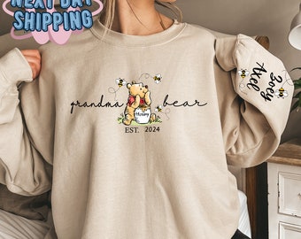 Custom Grandma Bear Sweatshirt, Mama Est with Kid Name on Sleeve Sweatshirt, Personalized Mom Hoodie, Mothers Day Gift, New Mom Tee