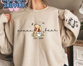 Sweatshirt personnalisé maman ours, maman est avec nom d'enfant sur la manche, sweat à capuche personnalisé maman, cadeau fête des mères, t-shirt nouvelle maman