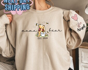Benutzerdefinierte Name Bärenfamilie Sweatshirt, Est mit Kindername auf Ärmel Sweatshirt, personalisierte Mama Hoodie, Muttertagsgeschenk, Disney-Figuren