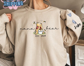 Personalisiertes Nana-Bären-Sweatshirt mit Namen, Mama Est mit Kindernamen auf dem Ärmel, personalisiertes Nana-Hoodie, Muttertagsgeschenk, neues Papa-T-Shirt