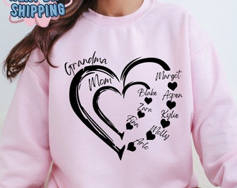 Personalized Grandma Mom Heart With Kid Names Sweatshirt,Custom Mothers Day Gift,Grandmother Gift,Mom Sweatshirt,Gift for Mum,Grandma Hoodie