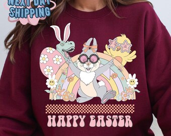 Bunny Graphic Sweatshirt, Flower Easter Sweatshirt, Groovy Easter Hoodie, Easter Sweatshirt, For Womens, Easter Gift For Family Happy Easter