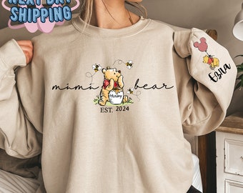 Benutzerdefiniertes Namens-Mimi-Bär-Sweatshirt, Est mit Kindernamen auf dem Ärmel, personalisiertes Mama-Hoodie, Muttertagsgeschenk, Disney-Figuren