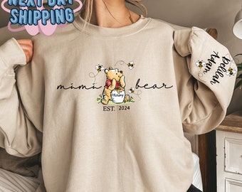 Custom Mimi Bear Sweatshirt, Mama Est with Kid Name on Sleeve Sweatshirt, Personalized Mom Hoodie, Mothers Day Gift, New Mom Tee