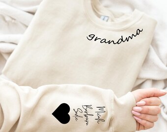 Custom Grandma Sweatshirt with Kid Name on Sleeve, Personalized Mom Sweatshirt, Minimalist Momma Sweater, Mothers Day Gift, Gift for Her