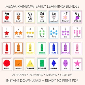 May include: A set of flashcards for early learning, featuring the alphabet, numbers, shapes, and colors. Each card displays a letter, number, shape, or color with a corresponding image. The text "MEGA RAINBOW EARLY LEARNING BUNDLE" is at the top.