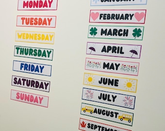 Poster con giorni e mesi in inglese e spagnolo – Decorazioni stampabili per l'aula – PDF pronto per la stampa – Etichette per calendario bilingue, scuola materna, elementare