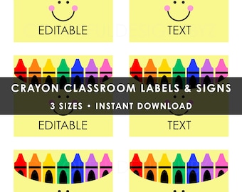 Editable Crayon Classroom Labels + Signs | PowerPoint Template | Printable Classroom Bin Labels | Rainbow Teacher Decor | Instant Download