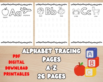 Printable Alphabet Tracing Pages, A to Z Lowercase And Uppercase Letters, 26 Page PDF Digital Download Worksheets, 8.5"x11" Pages