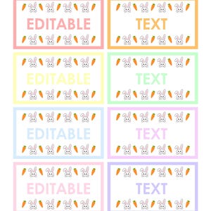 Plantilla de etiquetas editables de conejo de Pascua y zanahoria, 3,5" x 2", etiquetas de nombre imprimibles, colores pastel, descarga instantánea de PowerPoint