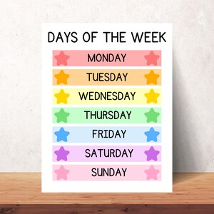 Dagen van de week en maanden van het jaar-posters | 8,5 x 11 inch | Afdrukbaar klasdecor | Bewerkbare canvassjabloon | Kleuterschool, Thuisonderwijs