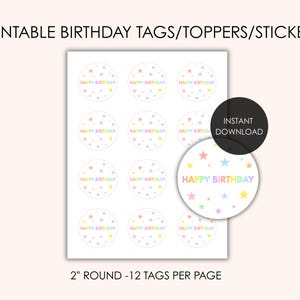 Stickers joyeux anniversaire imprimables - PDF rond de 5 cm - Thème étoiles arc-en-ciel pastel - Étiquettes de faveur, tags, décorations - Personnalisation gratuite du nom