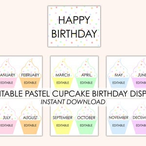 Exhibición editable de cupcakes de cumpleaños / 12 meses / Tablero de cumpleaños para el aula / PDF + PowerPoint / Escriba o imprima los nombres de los estudiantes