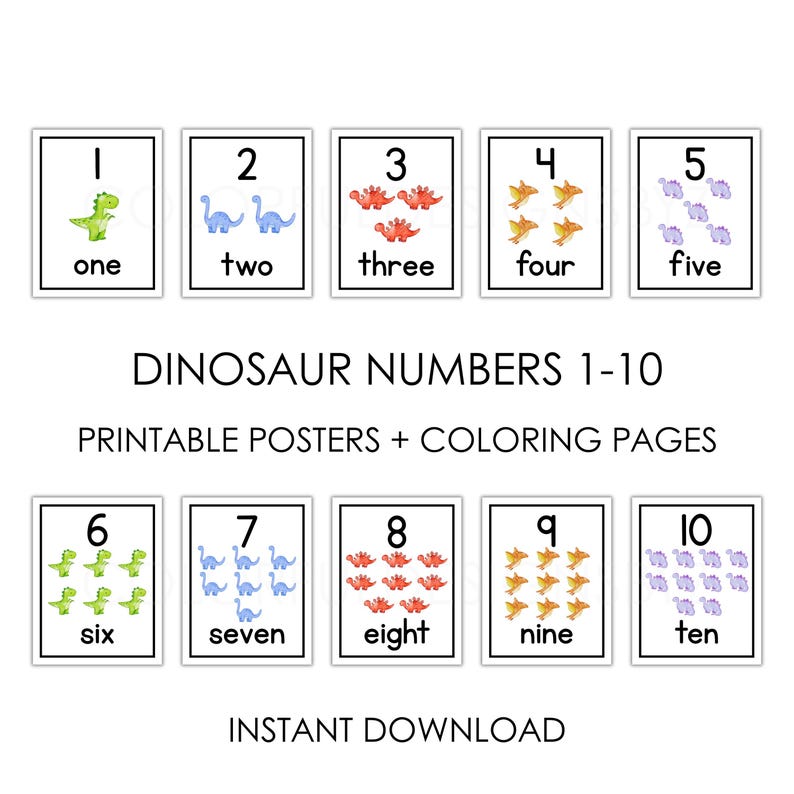 Dinosaur Numbers 1-10 Posters Printable + Coloring Pages - Etsy