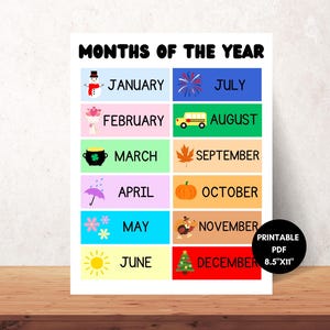 Afdrukbare maanden van het jaar – kleurrijke educatieve poster | 8,5 x 11 inch pdf | Direct downloaden