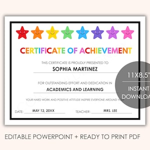 Puede incluir: Un certificado de logro con un borde negro. El certificado presenta un arcoíris de estrellas en la parte superior y las palabras "Certificado de Logro" en letras coloridas. El certificado mide 28x21.6 cm y es una descarga instantánea.