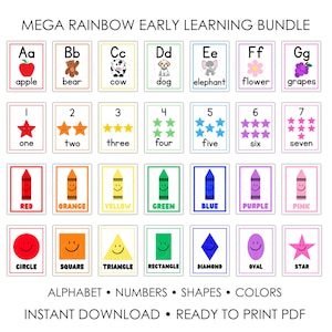Mega Rainbow Classroom Bundle | Printable Alphabet Posters, Numbers, Shapes, Colors