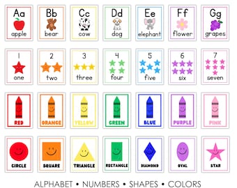 Rainbow Classroom Bundle | Printable Alphabet Posters, Numbers, Shapes, Colors | Early Learning Decor | PDF Instant Download