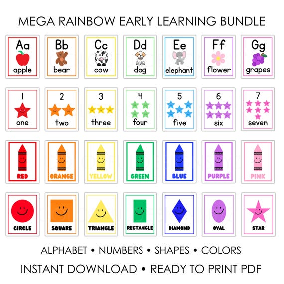 Rainbow Classroom Bundle | Printable Alphabet Posters, Numbers, Shapes, Colors | Early Learning Decor | PDF Instant Download