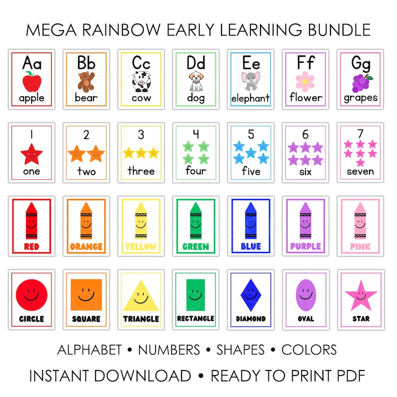 May include: A Mega Rainbow Early Learning Bundle educational set featuring alphabet cards with illustrations, number cards with stars, color cards with smiling crayons, and shape cards with smiling faces. Includes text labels for each item.