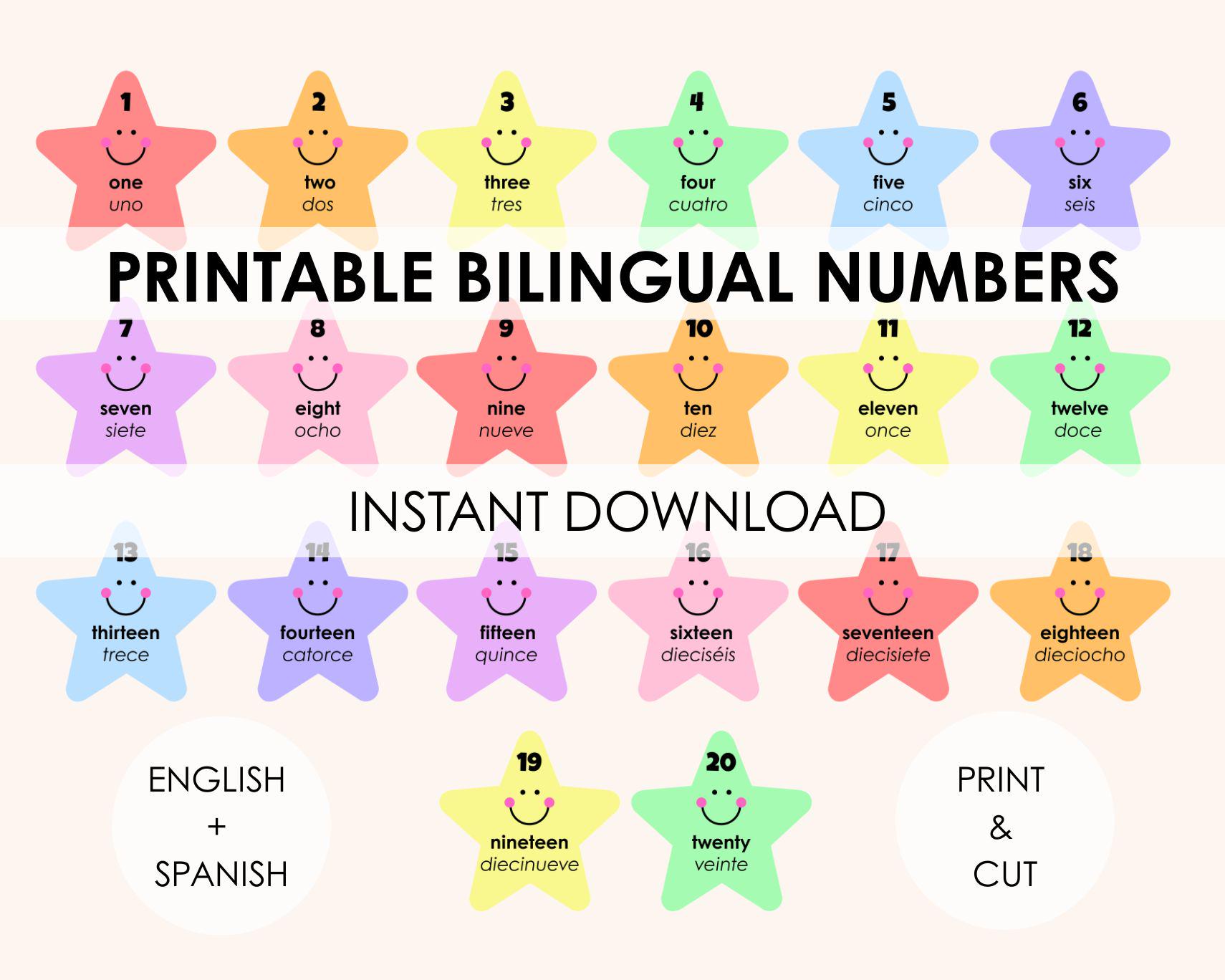 Bilingual Number Posters 1–20 – English + Spanish Printable Stars ...