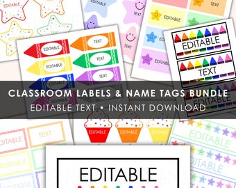 Editable Classroom Labels Bundle | Rainbow Crayon, Pencil, Star, Polka Dot, Cupcake Themes | Name Tag Template | Back To School Printable