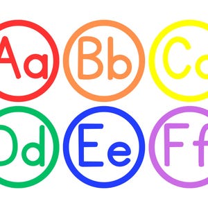 Cartões de alfabeto de círculo com tema de arco-íris para impressão | Cartões de A a Z | Aprendizagem precoce | Decoração colorida para sala de aula | Download instantâneo em PDF de 5 páginas | 8,5" x 11"