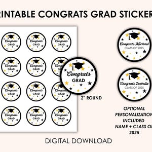 Afdrukbare afstudeerstickers – gefeliciteerd Grad of gepersonaliseerde naam – klas van 2025 – ronde labels van 2 inch – direct downloaden + aangepaste optie