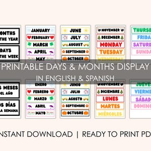 English & Spanish Days and Months Posters – Printable Classroom Decor –Ready to Print PDF – Bilingual Calendar Labels, Preschool, Elementary