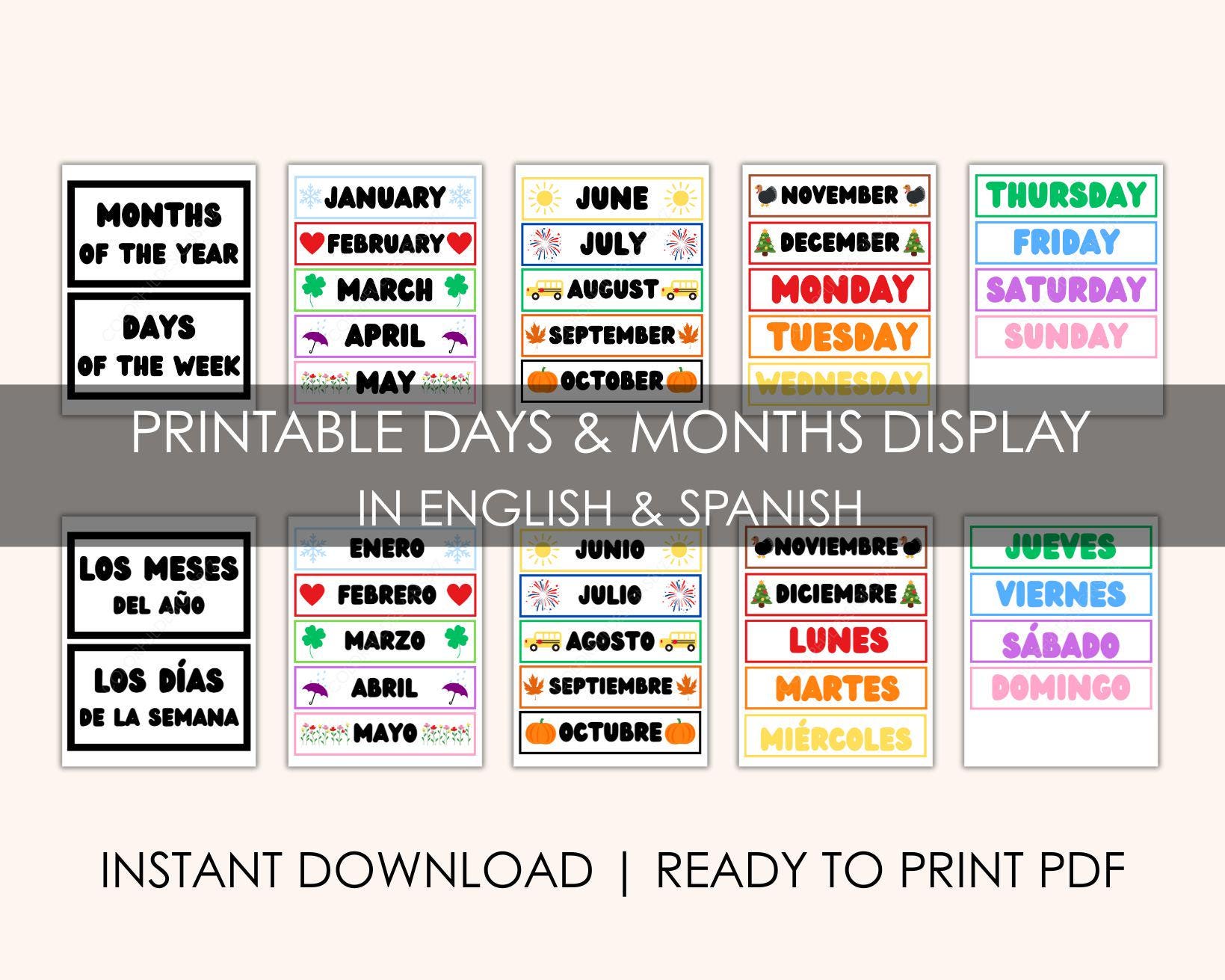 Cartazes de dias e meses em inglês e espanhol – Decoração para sala de aula para impressão – PDF pronto para impressão – Etiquetas de calendário bilíngue, pré-escola, ensino fundamental