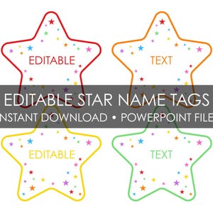 Puede incluir: Cuatro etiquetas con forma de estrella en rojo, naranja, amarillo y verde con las palabras "EDITABLE" y "TEXTO" en el interior. Cada estrella tiene un borde colorido y está decorada con pequeñas estrellas. Se muestra el texto "EDITABLE STAR NAME TAGS".