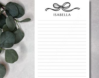 Personalized Bow Notepad, Custom Name Notepad, Coquette Stationery, Lined or Unlined Writing Pad, 5.5x8.5 Notepad, Gift for Girls