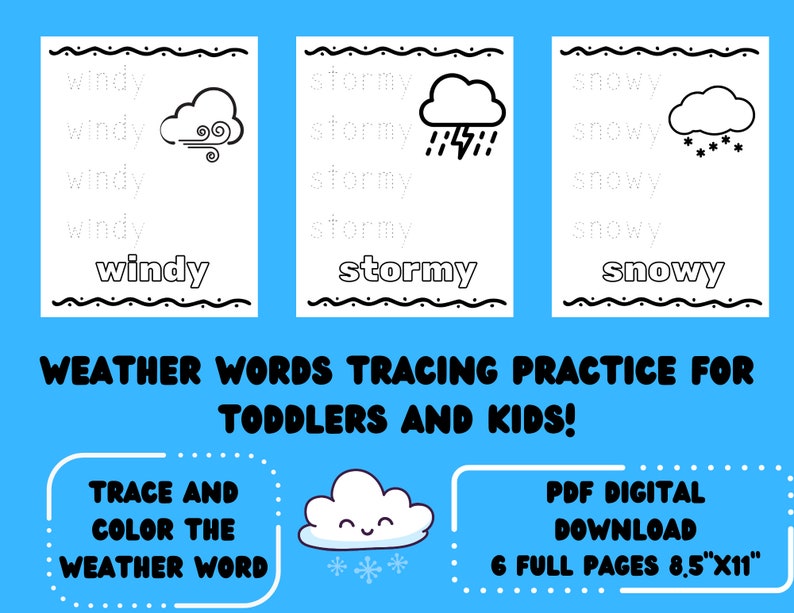 WEATHER WORDS TRACING Printable Worksheets for Toddlers and Kids