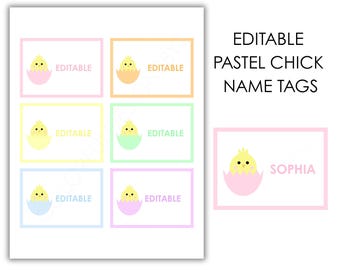 Editable Easter Chick Name Tags - Printable Classroom Labels - Pastel Spring Place Cards - 6 Per Page - 3.5"x2.5"