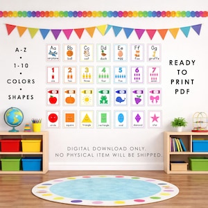 May include: A digital educational wall art set featuring A-Z alphabet cards, 1-10 number cards, color cards, and shape cards. The text reads A-Z, 1-10, COLORS, SHAPES, and READY TO PRINT PDF. The design includes colorful illustrations and text.