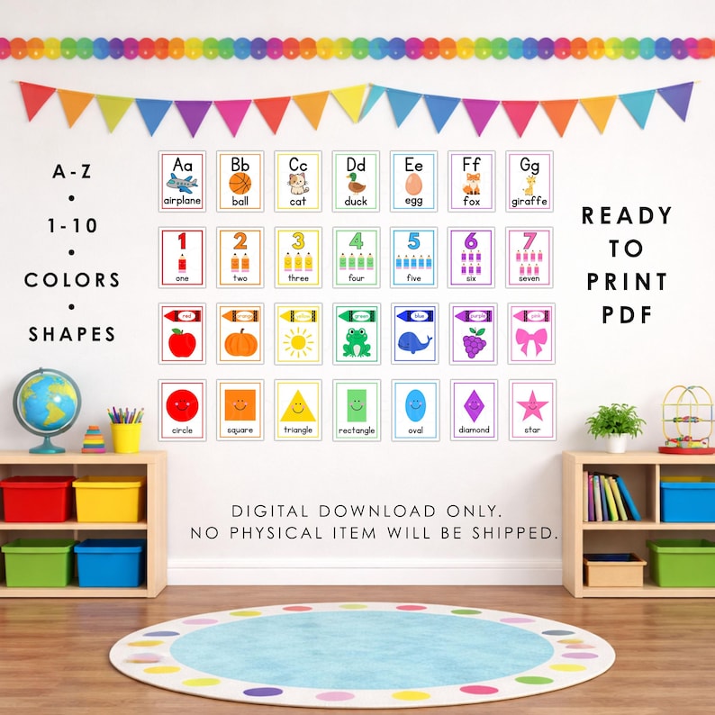 May include: A digital educational wall art set featuring A-Z alphabet cards, 1-10 number cards, color cards, and shape cards. The text reads A-Z, 1-10, COLORS, SHAPES, and READY TO PRINT PDF. The design includes colorful illustrations and text.