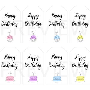 Etiquetas de regalo de feliz cumpleaños imprimibles / Etiquetas de 2 x 3,5 pulgadas / Etiquetas de recuerdo para cupcakes y pasteles / Descarga instantánea en PDF / 8 etiquetas por página