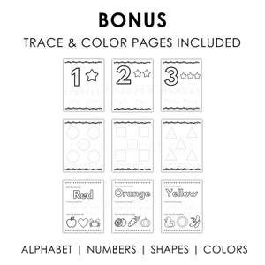 May include: A set of educational worksheets featuring the text BONUS TRACE & COLOR PAGES INCLUDED. The pages contain black and white line drawings of numbers one through three, geometric shapes, and color names with corresponding icons.