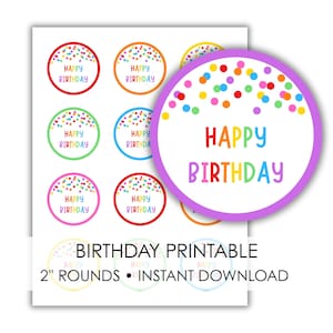 Op de afbeelding: Een vel kleurrijke verjaardagsstickers met de tekst "HAPPY BIRTHDAY". De stickers zijn rond, met een confetti-ontwerp en een diameter van 5 cm. De woorden "BIRTHDAY PRINTABLE" en "INSTANT DOWNLOAD" zijn ook zichtbaar.