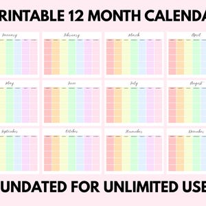 Könnte beinhalten: Druckbarer und nicht datierter Kalender mit 12 Monaten, jeder Monat hat eine andere Pastellfarbe, mit einem Regenbogen-Farbschema. Der Kalender ist undatiert für unbegrenzten Gebrauch.