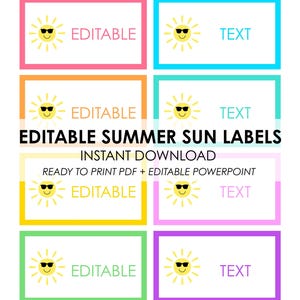 Etiquetas de verano editables: etiquetas de 3,5 x 2, texto editable en PowerPoint + PDF listo para imprimir, 8 por página, etiquetas para recuerdos de fiesta, etiquetas para nombres de campamentos
