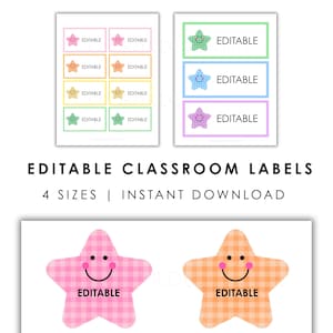 May include: A set of printable classroom labels featuring star-shaped icons with smiling faces and a checkered pattern in various pastel colors. The labels include the text EDITABLE and are displayed in multiple rectangular and star-shaped formats.