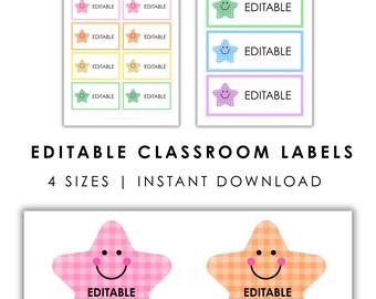 Editable Gingham Classroom Labels | Smiley Star Name Tags | Pastel Teacher Labels | PowerPoint & Printable PDF Bundle