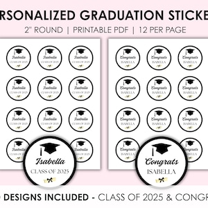 Gepersonaliseerde afstudeerstickers – Class of 2025 en gefeliciteerd | Aangepaste schoolkleuren | 2" ronde gunststickers pdf | Afdrukbare graduatielabels