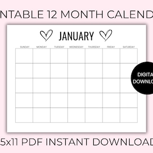Undated Calendar Printable PDF – Sunday & Monday Start – Minimalist 12-Month Calendar– 8.5x11&quot; Wall or Desk Planner – Instant Download
