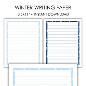 May include: White writing paper with blue snowflake borders. The text "WINTER WRITING PAPER" is at the top, along with "8.5x11" • INSTANT DOWNLOAD". The paper has horizontal lines for writing. The borders are decorated with snowflakes.