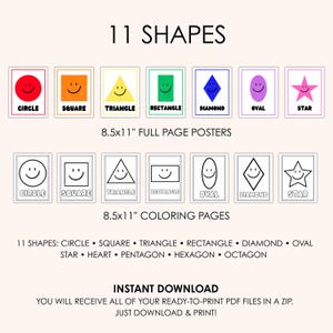 May include: Educational set of 11 shapes featuring 8.5x11 inch full page posters with colored shapes and matching black and white coloring pages. Each shape includes a smiling face and its name printed below. Includes circle, square, triangle, rectangle, diamond, oval, star, heart, pentagon, hexagon, and octagon.
