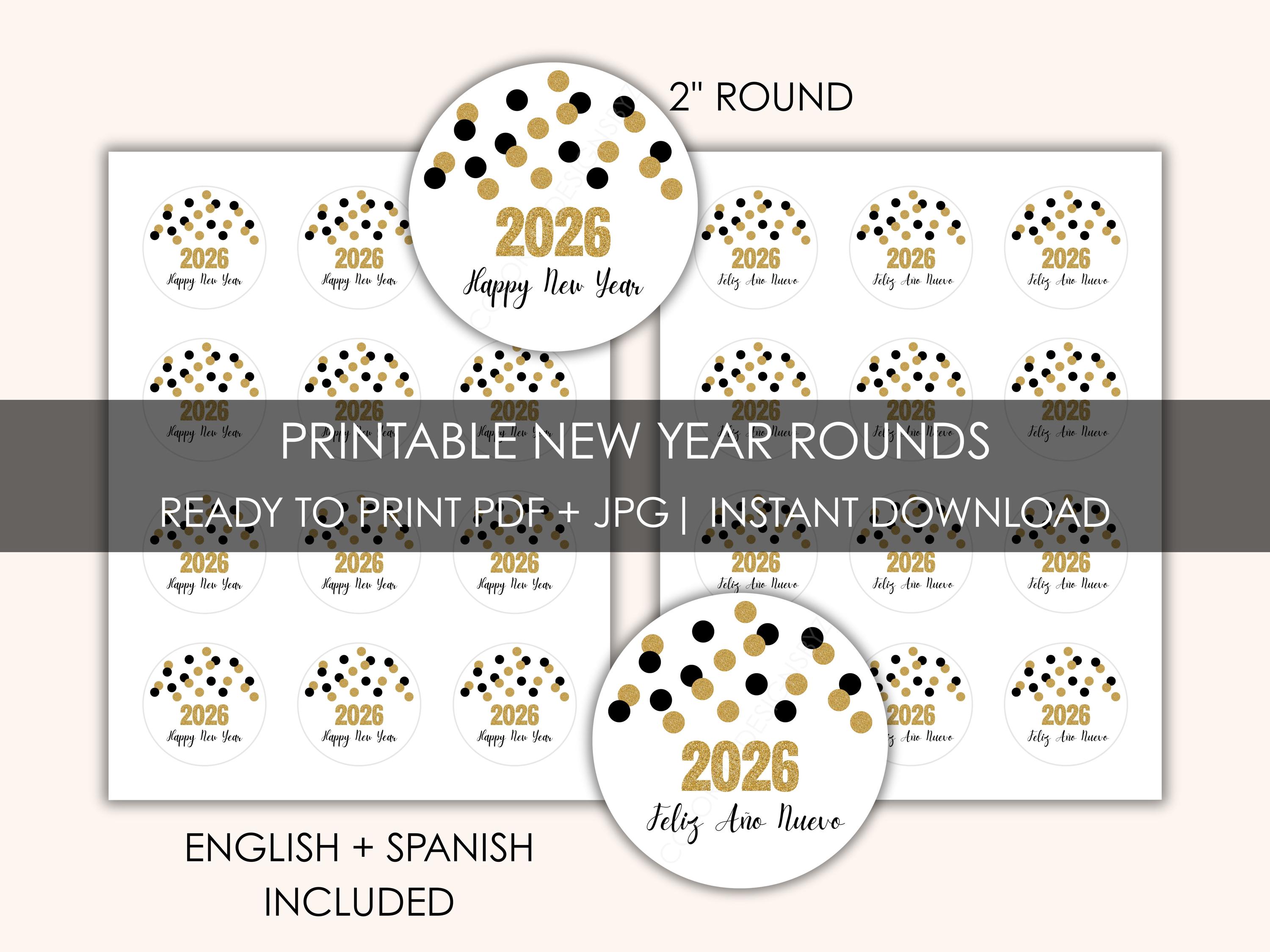 Etiquetas imprimibles de Feliz Año Nuevo 2026 / Etiquetas redondas  bilingües de Feliz Año Nuevo / Adornos de confeti dorados y negros de 2  pulgadas / Pegatinas de Año Nuevo en PDF y JPG - Etsy México, image size:3000x2250